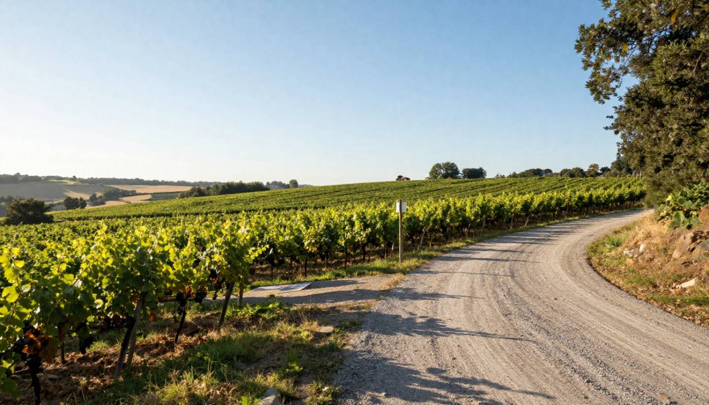 Golden hour view of Napa Valley vineyards from a roadside overlook, emphasizing a slow, self-guided wine touring experience.