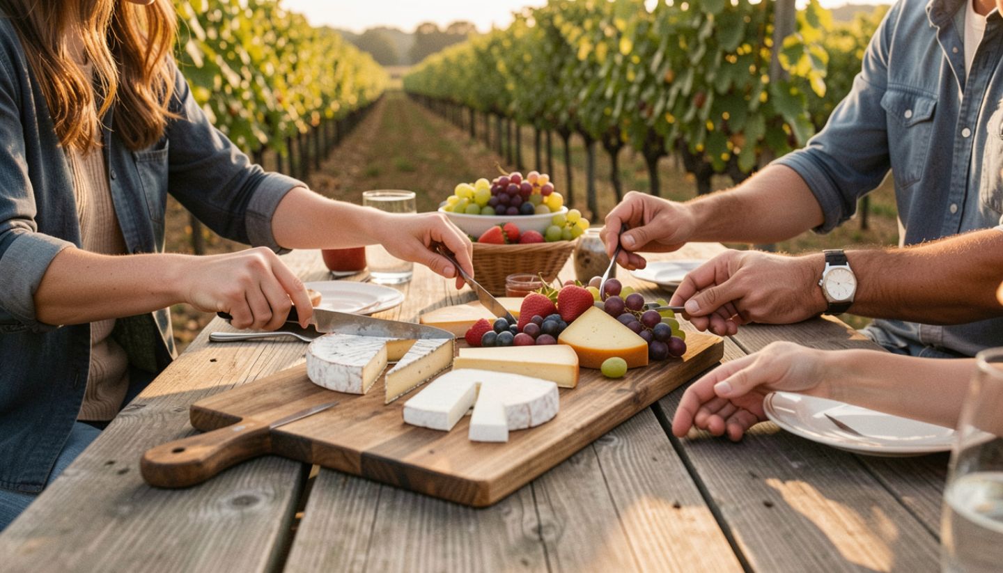 People sharing a cheese and charcuterie board at a picnic table in a Napa Valley vineyard, highlighting relaxed food and wine enjoyment.