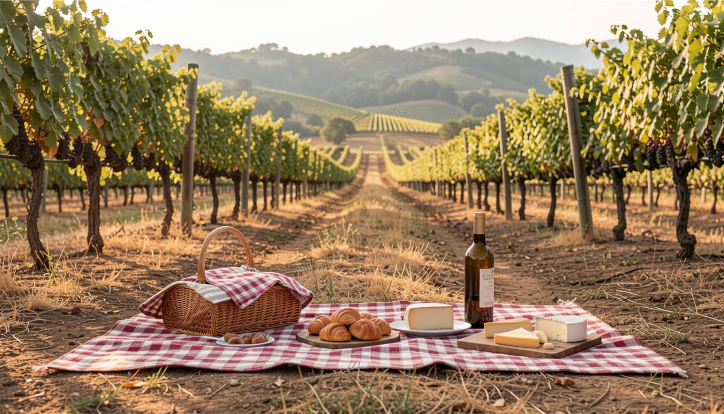 Picnic blanket with simple food and wine set between vineyard rows along Silverado Trail in Napa Valley, showing a relaxed outdoor meal without crowds.