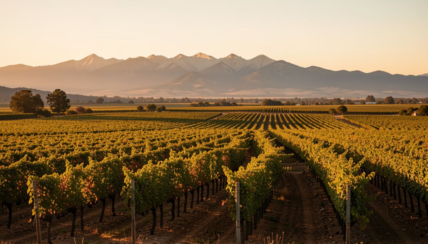 Golden hour sunset over Napa Valley vineyards with long shadows and warm light on the Mayacamas Mountains, highlighting vineyard orientation and evening atmosphere.