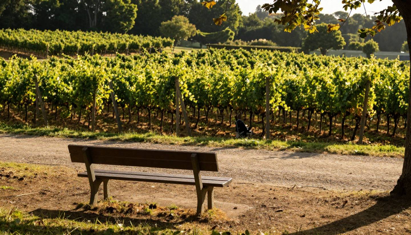 Golden hour light over a Napa Valley vineyard trail with a bench overlooking the vines, creating a peaceful setting for reflection and writing.