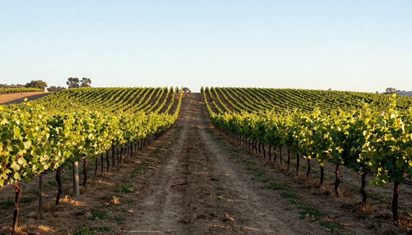 Vineyard walking path along Napa Valley benchlands showing soil and vine rows in soft light, illustrating wine education through vineyard context.