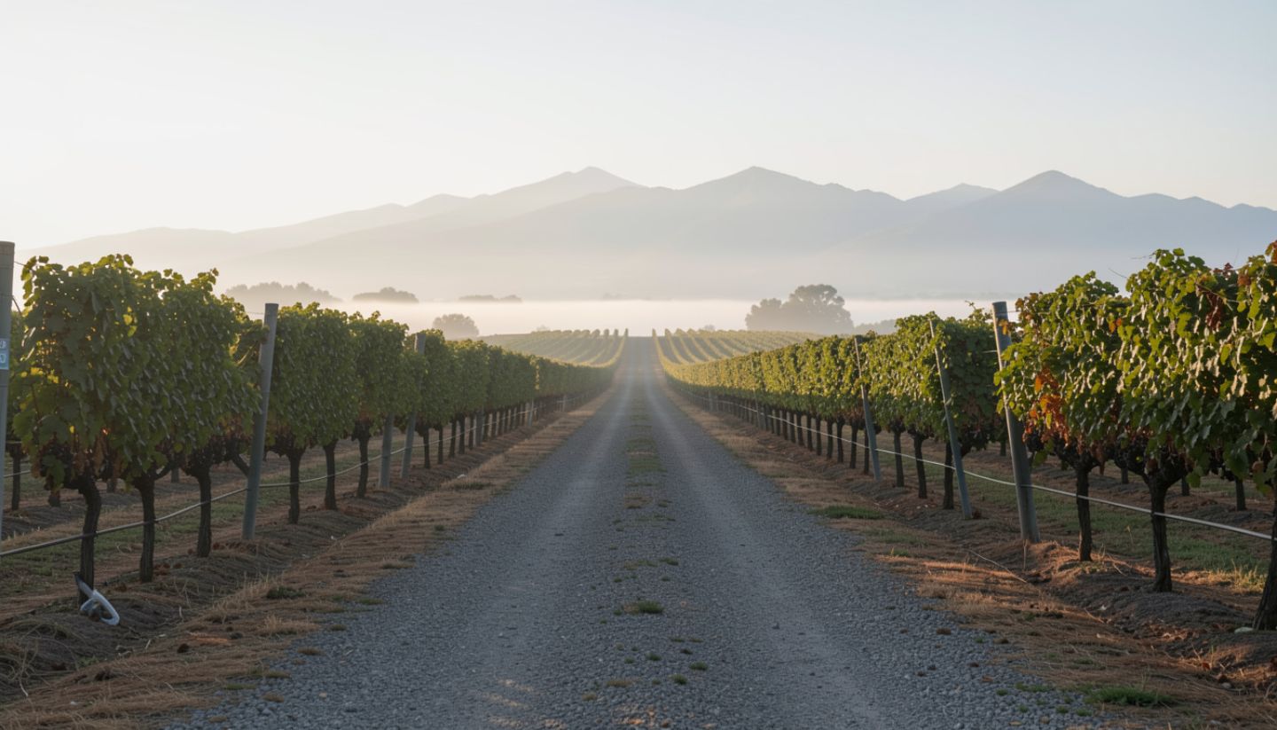 Gravel path between vineyard rows in Napa Valley during early morning fog, showing a peaceful vineyard walk experience.