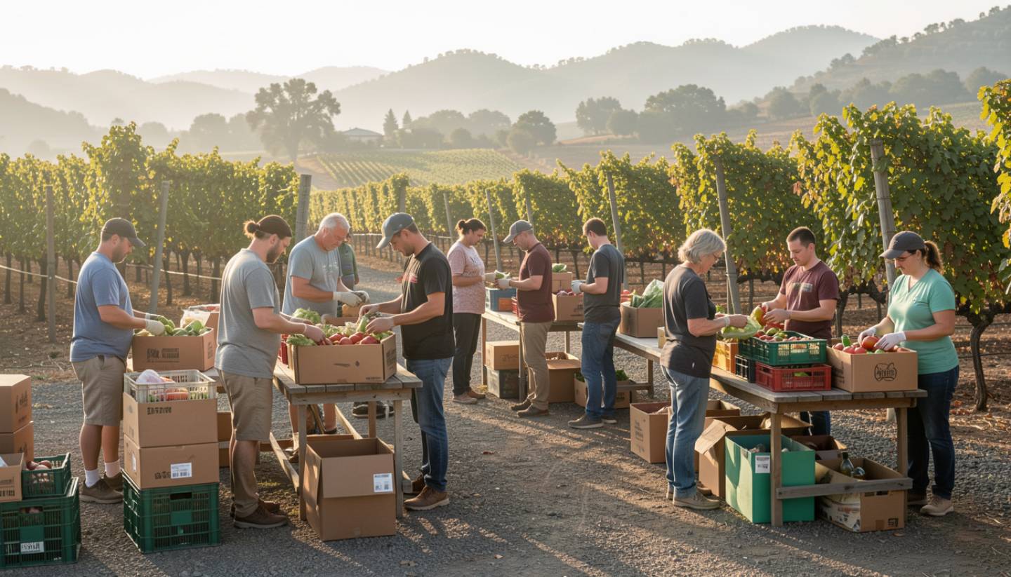 Volunteers working together in a Napa Valley community food program during the morning, showing local service and volunteer travel in the region.
