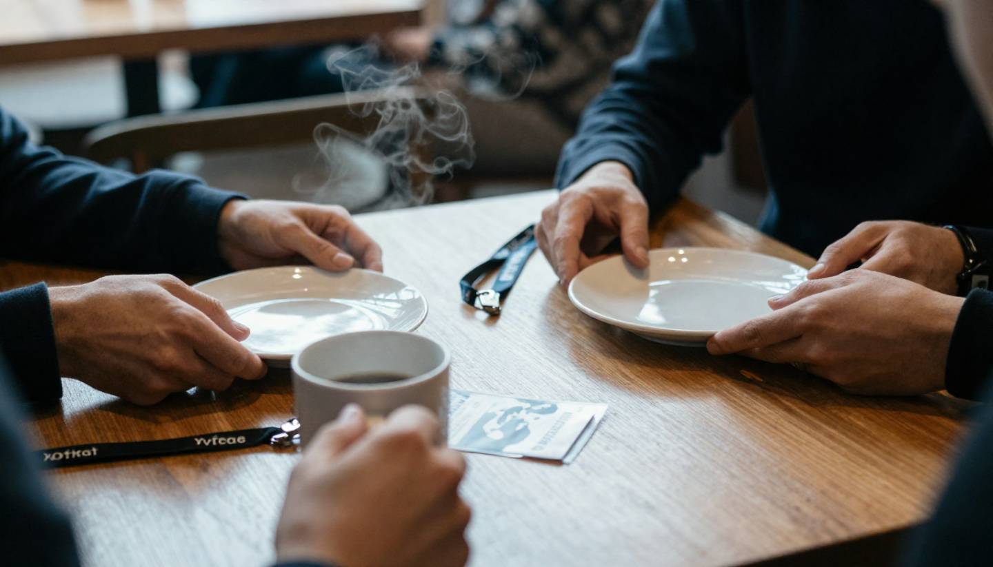 Quiet post-volunteer moment. A simple meal or coffee shared at a local cafe table, hands resting on mugs or plates, no faces required. This signals reflection, rest, and integration into local life.