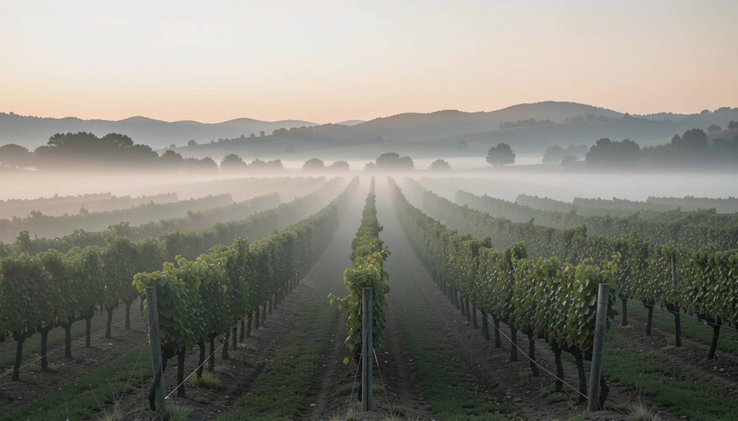 Morning fog settling over Napa Valley vineyard rows, creating a calm and restorative wellness travel setting.