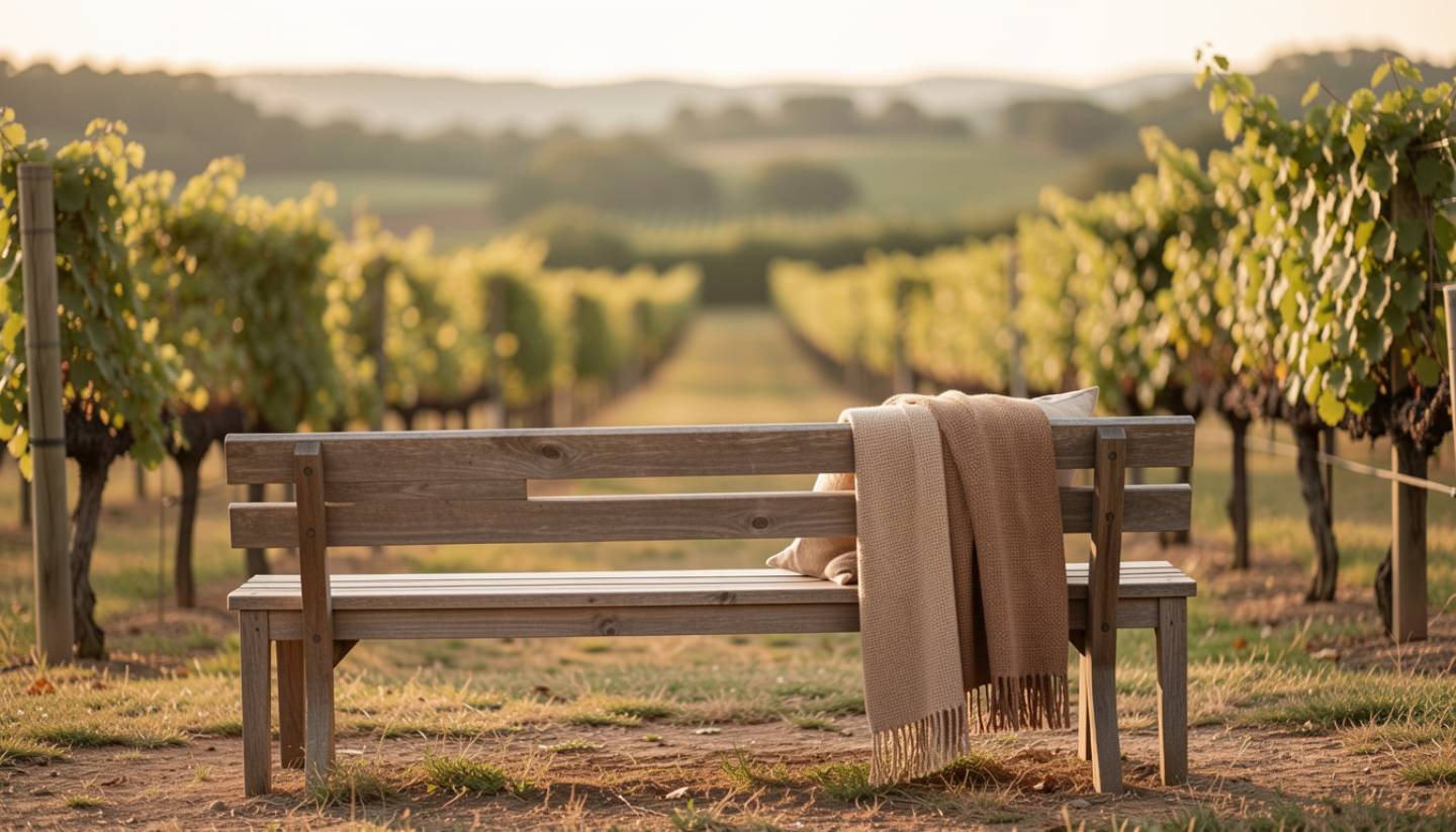 Peaceful seating area overlooking Napa Valley vineyards, emphasizing rest and relaxation during a wellness focused trip.