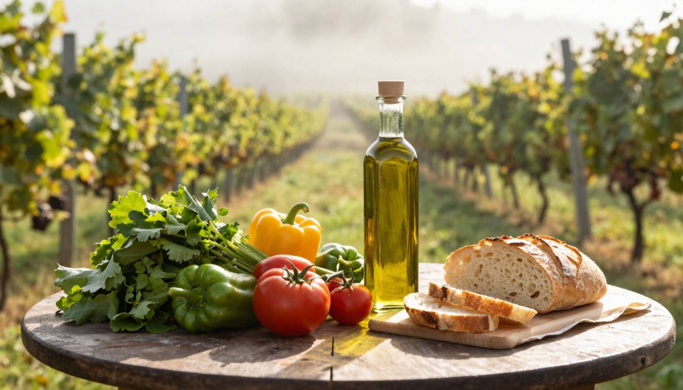 Outdoor breakfast table with seasonal vegetables and bread overlooking Napa Valley vineyards in early morning light, representing wellness travel focused on balance and food.