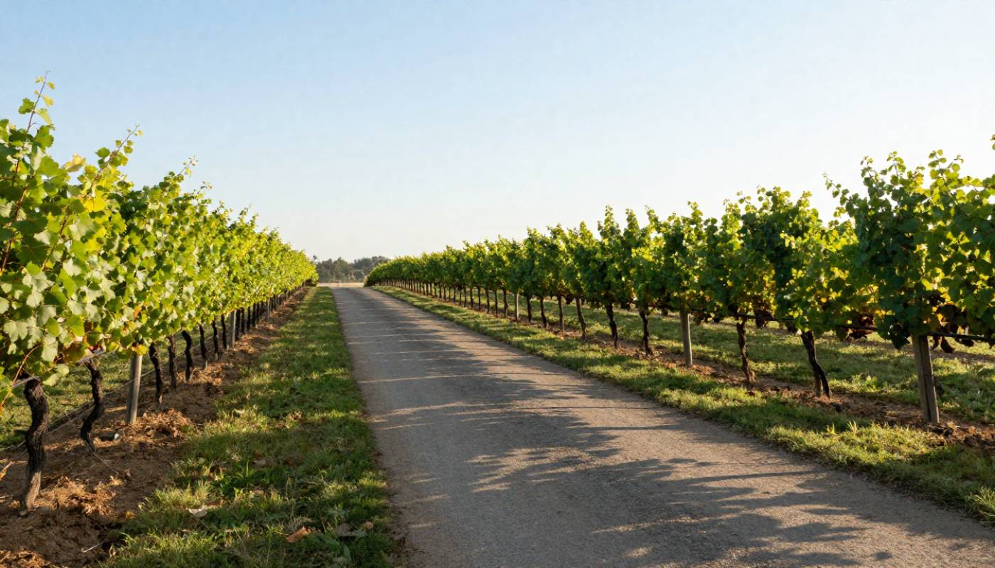 Scenic vineyard walking path along Napa Valley benchlands in soft morning light, illustrating wellness travel through natural movement and quiet landscapes.