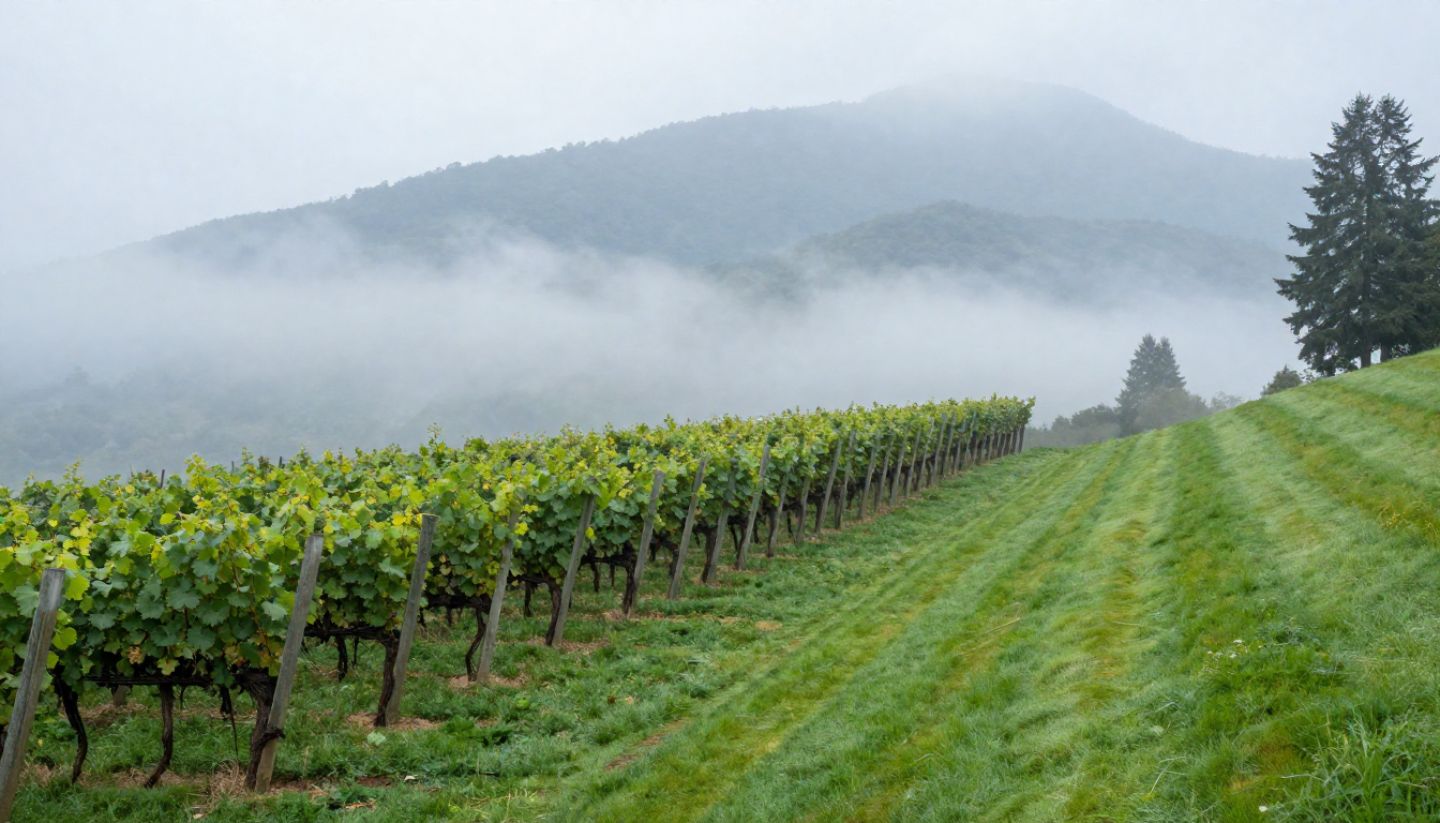 Early morning golf fairway in Napa Valley with vineyard rows and light fog, illustrating a wine and golf travel experience.