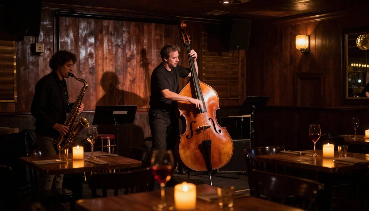 Candlelit jazz club in Downtown Napa with live musicians performing and a glass of red wine on a small table, creating an intimate evening atmosphere