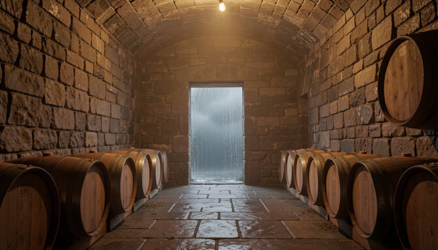 Warmly lit wine cellar in Napa Valley during a rainy day, highlighting cave tastings and quiet indoor wine experiences.