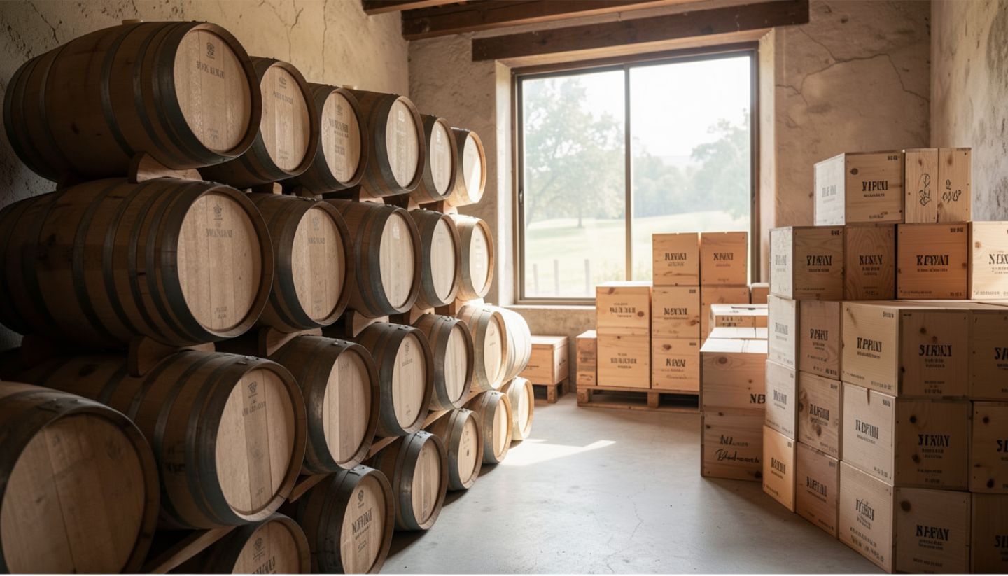 Wine barrels and shipping crates inside a Napa Valley winery cellar, representing wine prepared for international export.