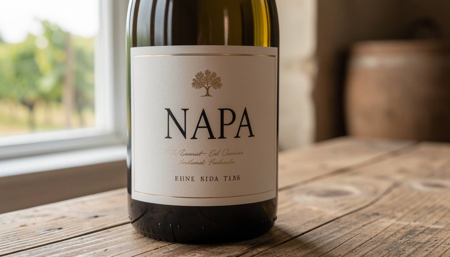 Close-up of a Napa Valley wine bottle showing textured label paper and refined typography, highlighting wine label design and craftsmanship.