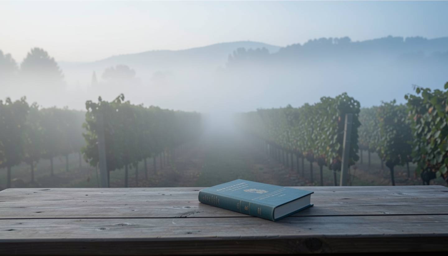 A book resting on a table overlooking Napa Valley vineyards in the early morning, with fog lifting across the valley floor.