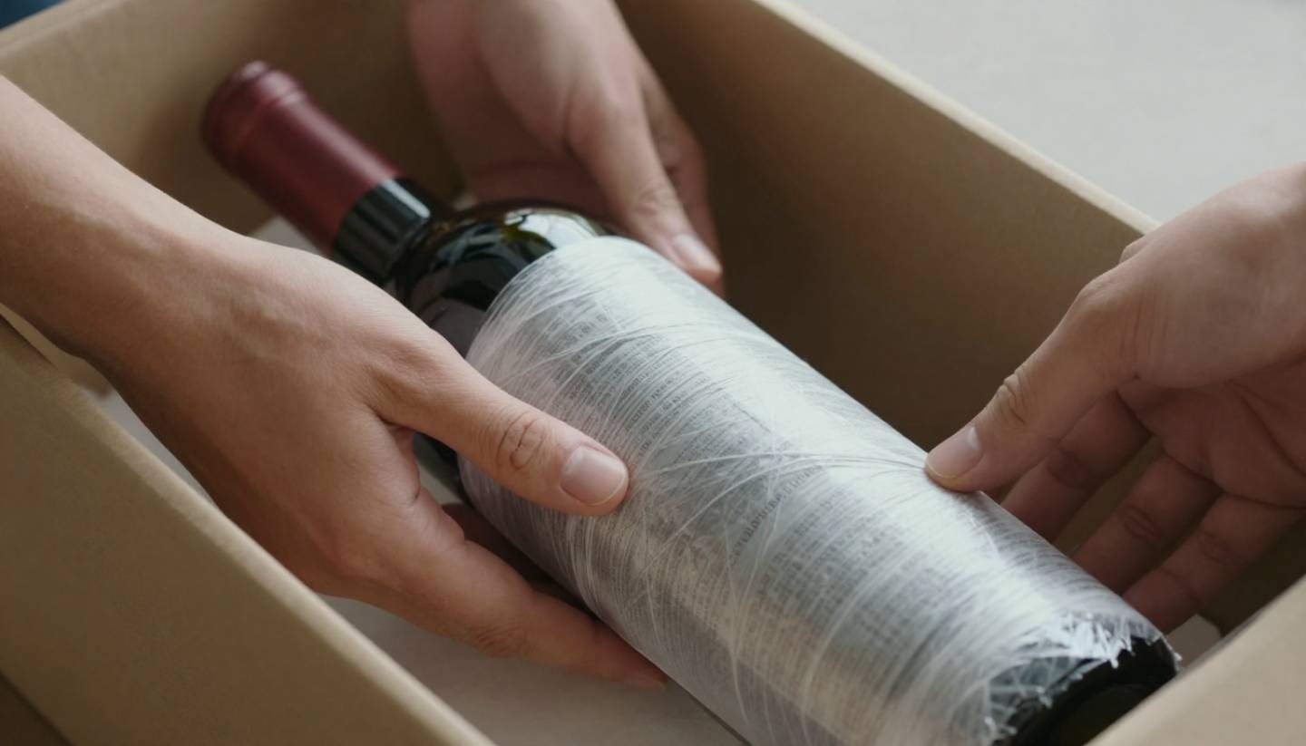 Wine bottle being packed for shipment at a Napa Valley winery, demonstrating safe handling and temperature protection.