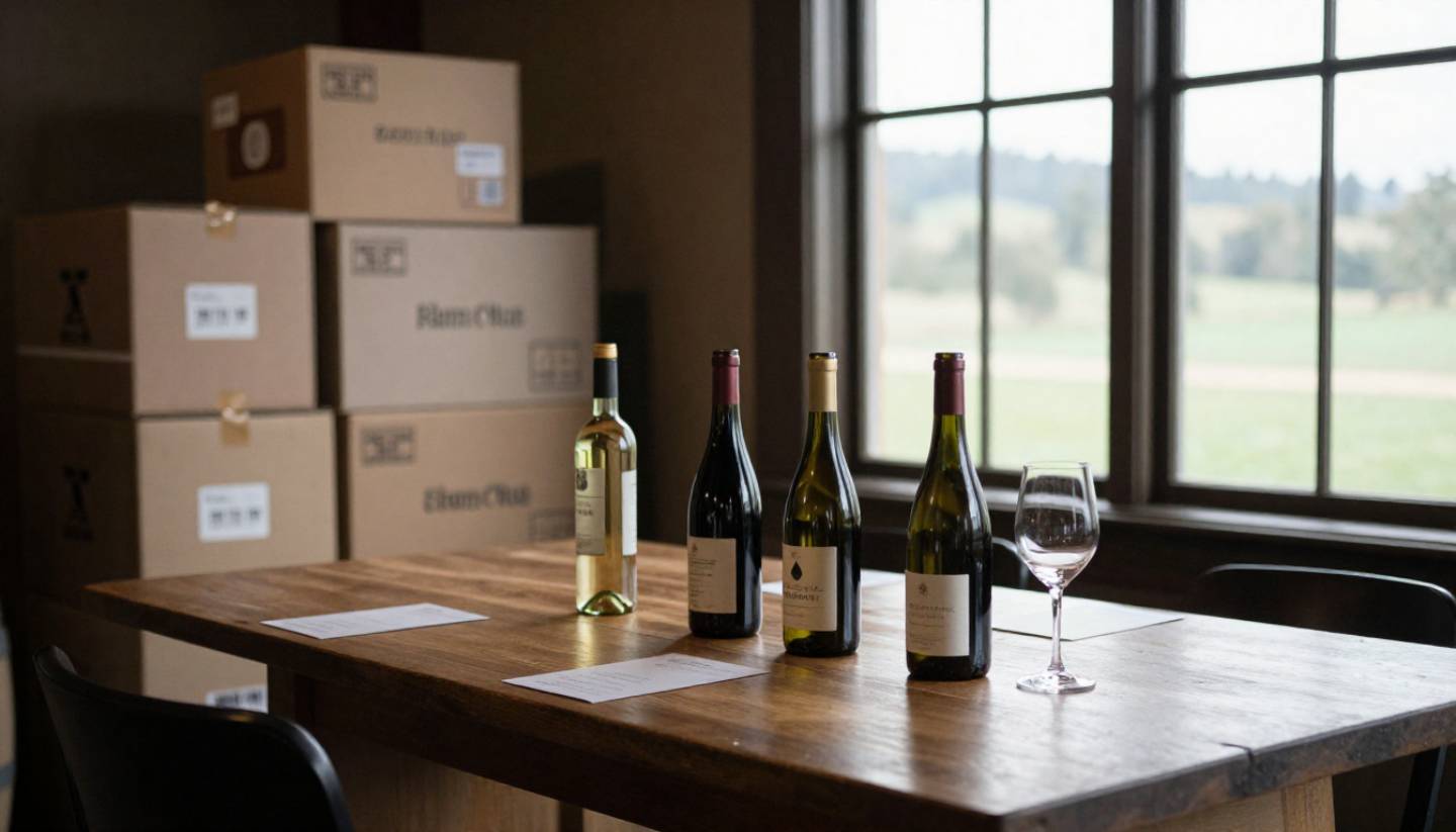 Wine bottles and shipping boxes at a Napa Valley winery tasting table, showing how travelers plan wine shipping after a tasting.