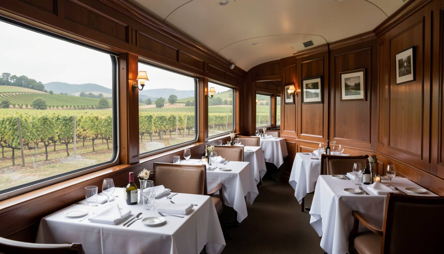 Inside the Napa Valley Wine Train, showing wooden interiors and dining tables with large windows overlooking vineyards as the train moves through wine country.