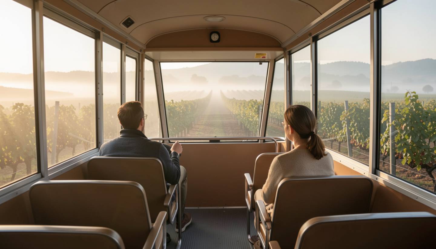 A view from a train moving through Napa Valley vineyards at sunrise, with morning fog lifting over the valley floor and rows of grapevines extending toward distant hills.