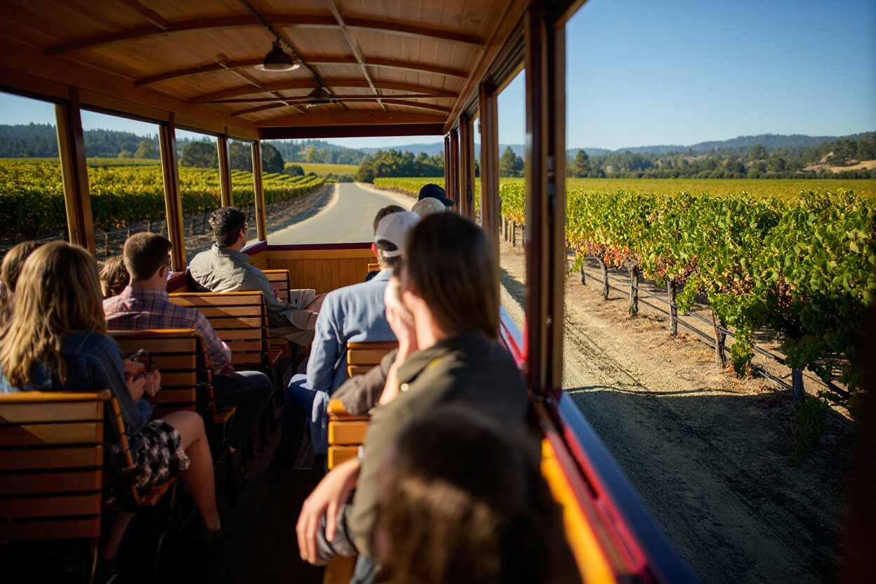 Open-air Napa Valley Wine Trolley driving past vineyards near St. Helena with rolling hills and wine country scenery in the background.