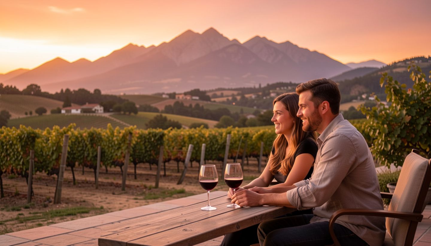 Couple seated at a vineyard terrace in Rutherford Napa Valley during golden hour, with Cabernet glasses reflecting sunset light and the Mayacamas Mountains in the background.