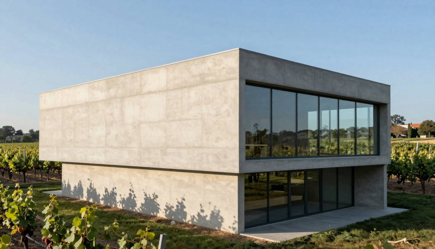 Modern Napa Valley winery architecture built into the landscape, showing clean lines, stone materials, and vineyards under soft afternoon light.