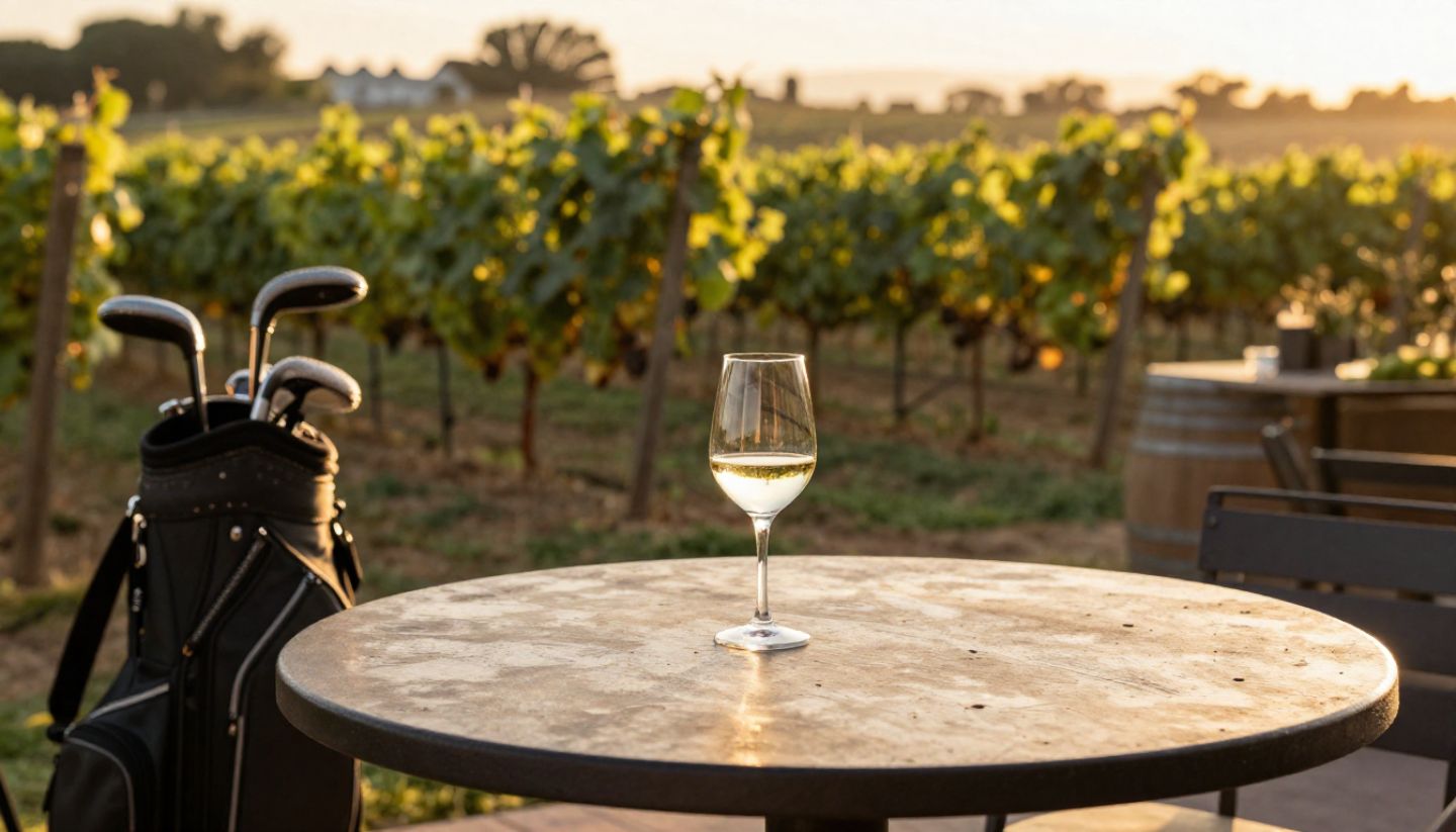 Late afternoon winery terrace overlooking vines with a single glass of wine on a table, golf bag resting discreetly nearby. The light is golden and unhurried.