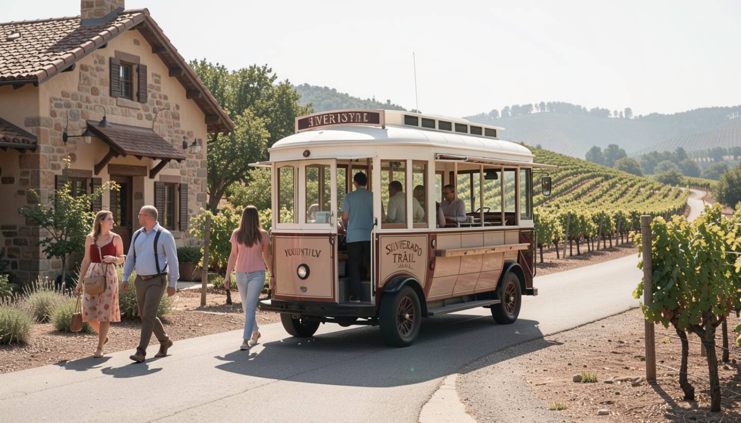 A Napa Valley trolley parked beside a small winery, with travelers stepping off calmly among vineyard rows during a quiet midweek afternoon.