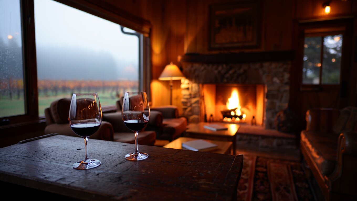 Winter evening in Napa Valley with a fireplace-lit tasting room, wine glasses on a table, and foggy weather outside
