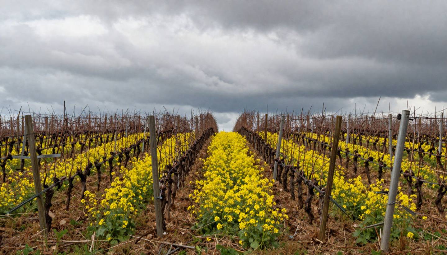 Winter vineyard in Napa Valley during mustard season, showing bare vines, yellow flowers, and dramatic overcast skies with no visitors present.