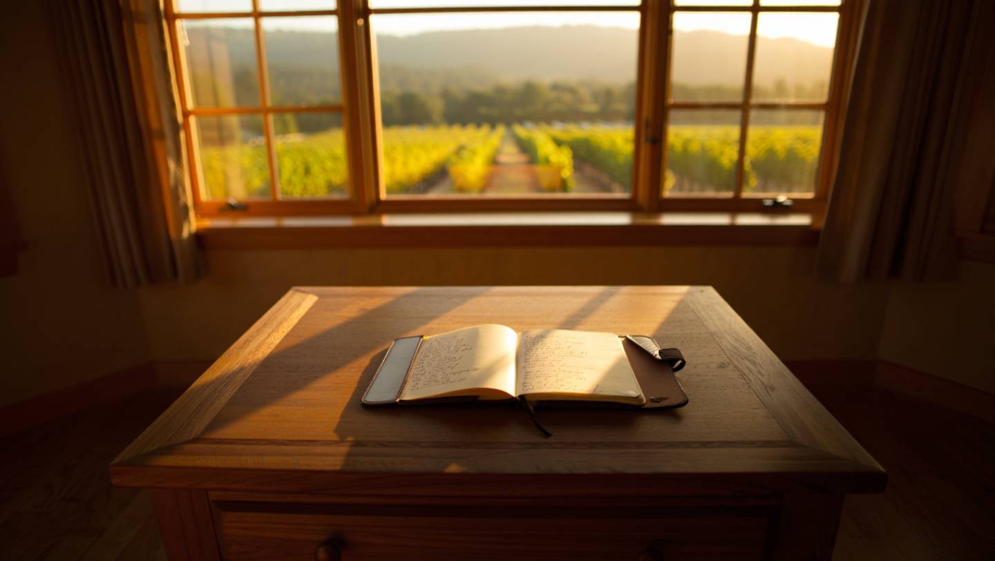 Notebook with handwritten notes near a window overlooking Napa Valley vineyards in the afternoon, highlighting a writing focused travel experience.