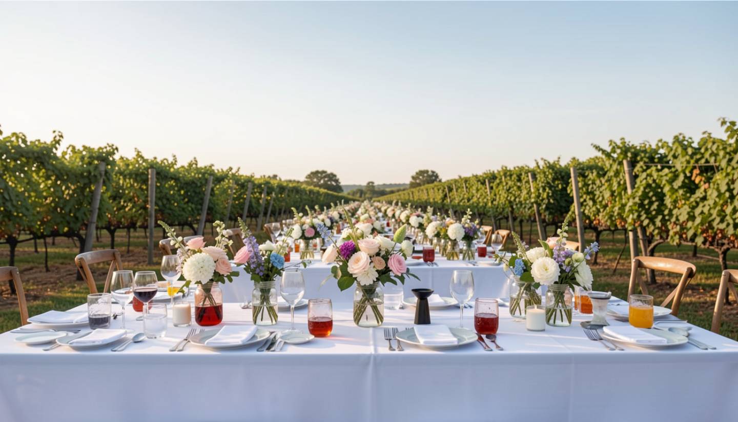 Outdoor long table set for a Napa Valley wedding rehearsal dinner, with wine glasses, simple floral arrangements, and vineyard surroundings.