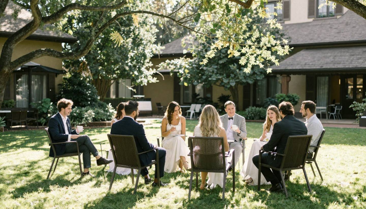 Guests enjoying morning after brunch at a Napa Valley hotel following a wine country wedding, emphasizing relaxed hospitality and shared time.