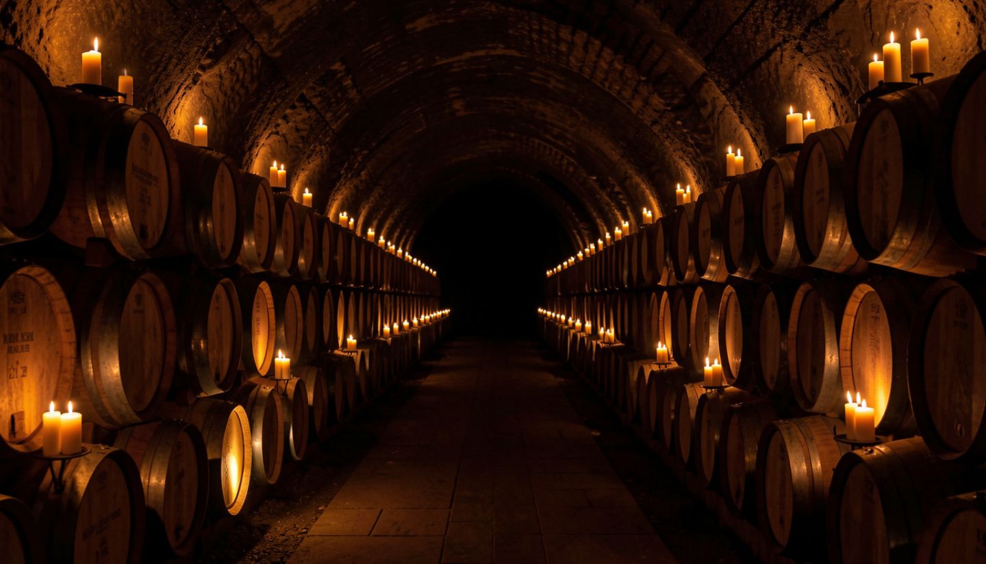 Napa Valley wine cave lined with barrels for private tour.