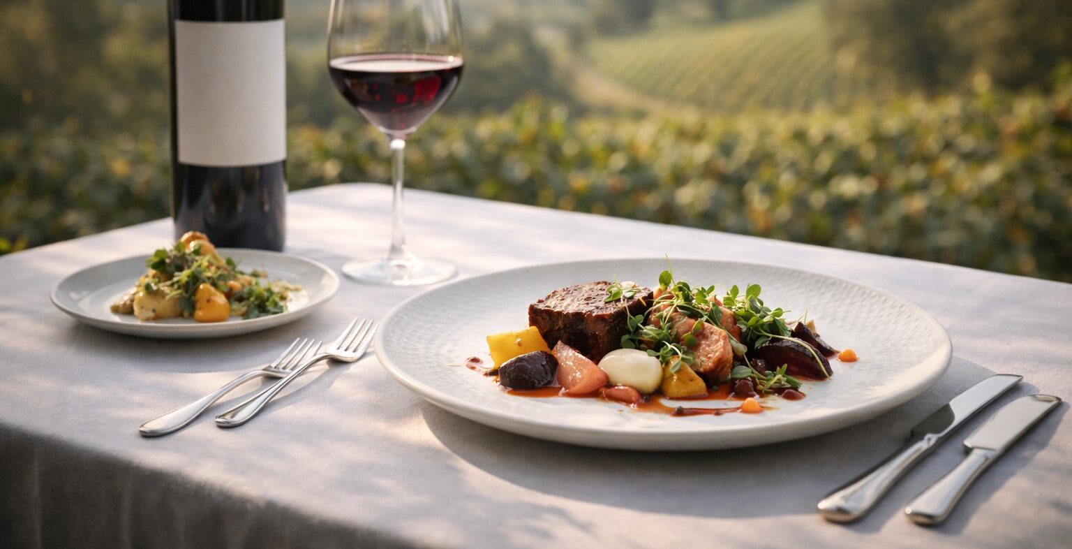 Multi course wine and food pairing menu in Napa Valley with Cabernet Sauvignon and seasonal chef prepared dish overlooking vineyard hills
