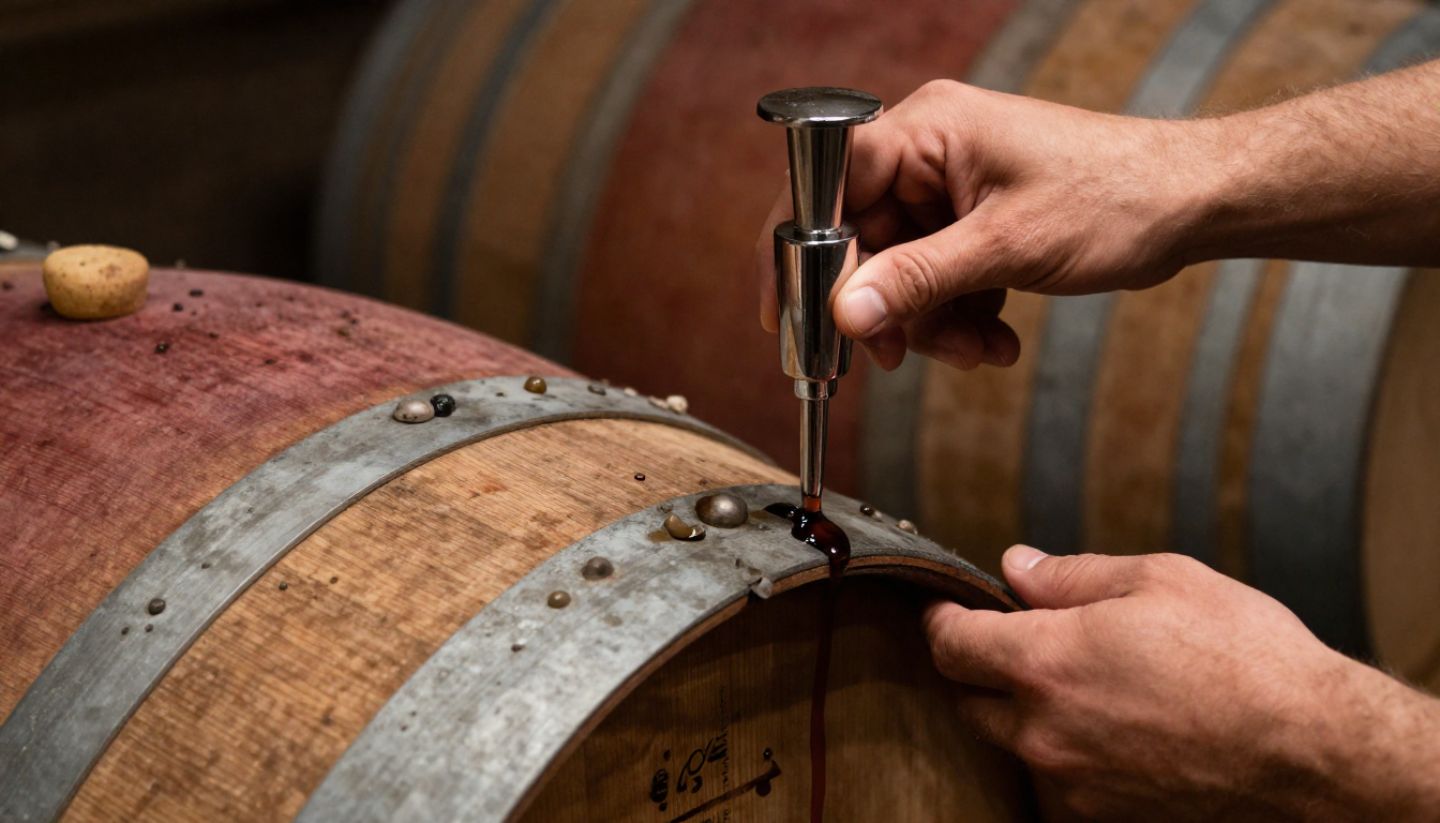 Winemaker extracting wine from barrel during tasting.