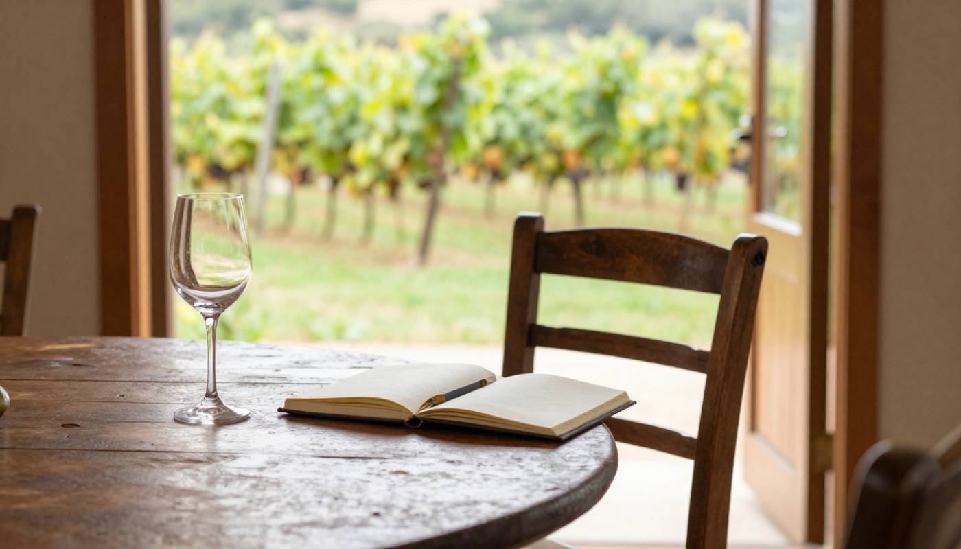 A wooden tasting table at a small Napa Valley winery with one chair, a wine glass, and a notebook, suggesting a quiet, conversation-focused tasting experience with a winemaker.