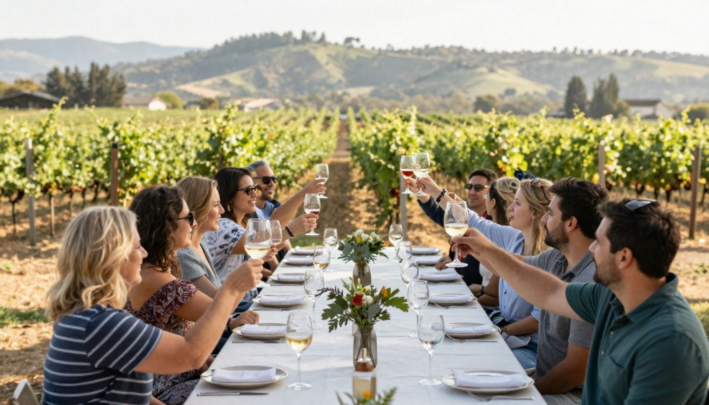 Large group celebrating with wine at Napa Valley winery.