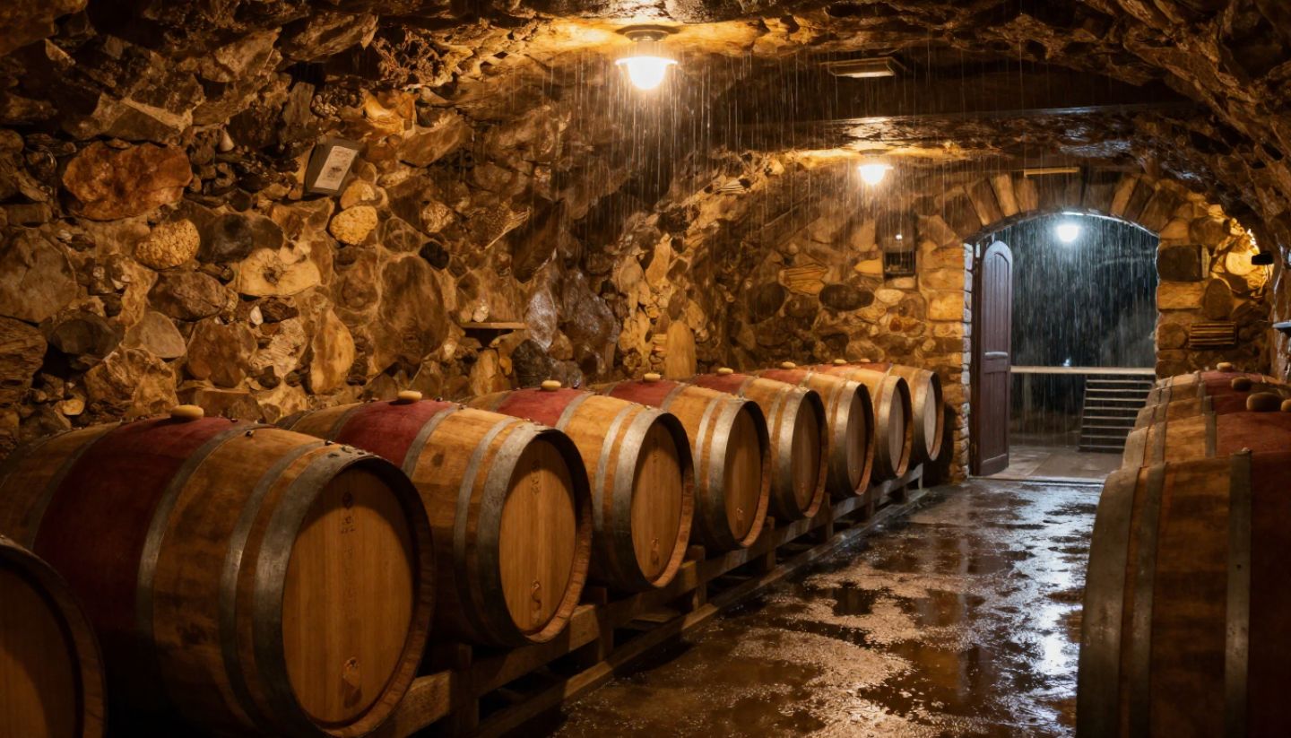Wine barrels inside a Napa Valley winery cave during a rainy day, highlighting a warm and quiet indoor tasting environment.