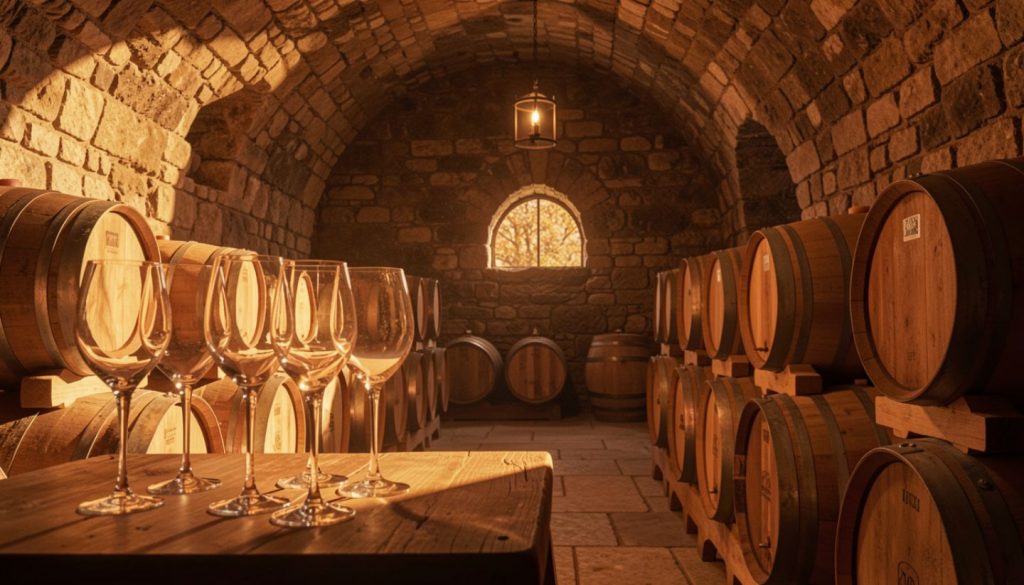 Candlelit wine tasting room in Napa Valley during late afternoon, warm amber lighting reflecting off Cabernet glasses in an intimate seated setting.
