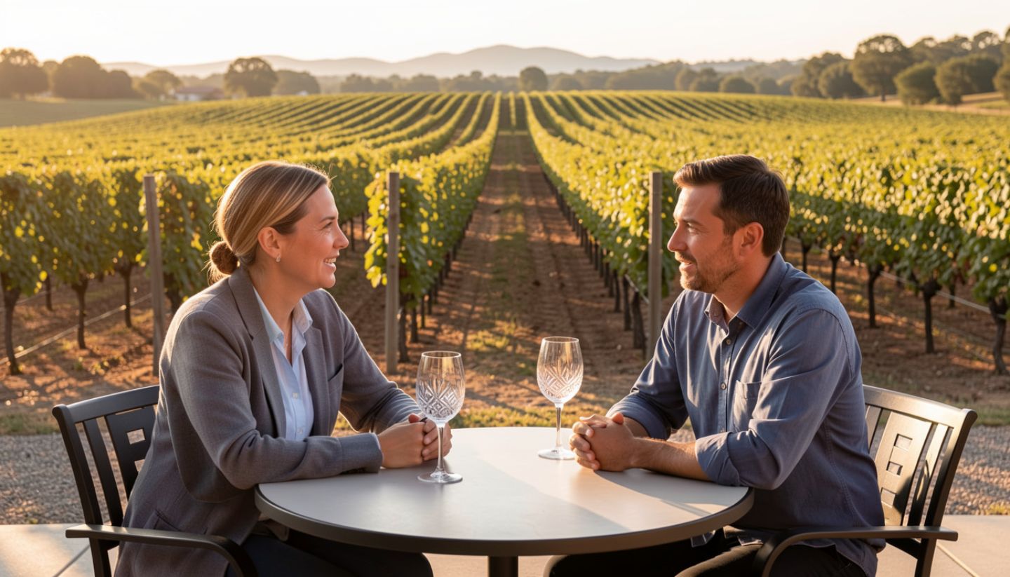 Guests talking at a Napa Valley winery patio with vineyard views, highlighting conversation, hospitality, and a slower approach to wine tasting.