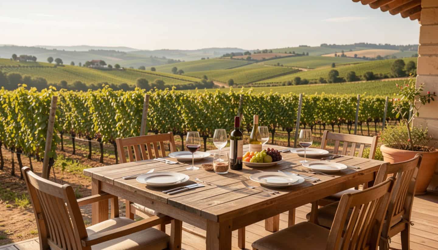 Napa winery patio overlooking vineyards and valley floor.
