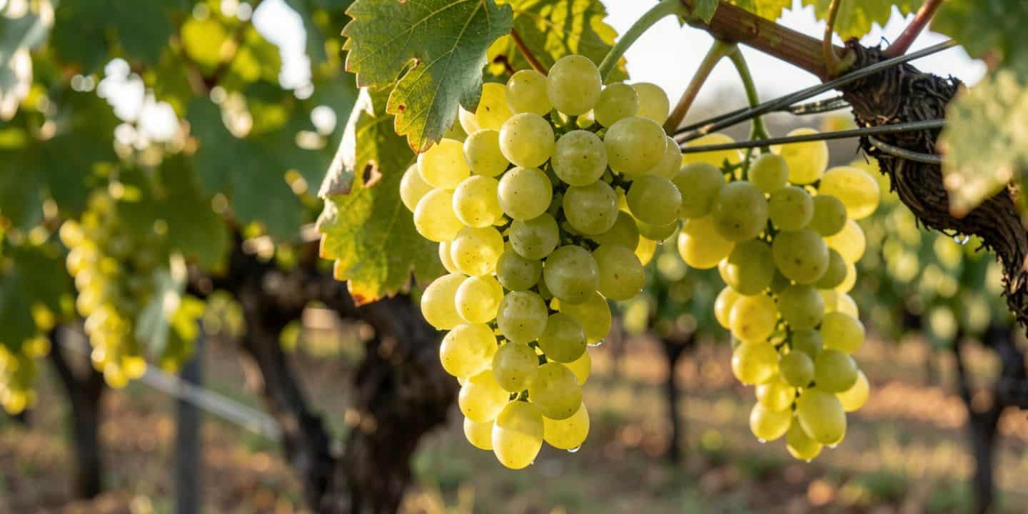 Close up of Sauvignon Blanc grape clusters in the Oak Knoll District of Napa Valley with morning dew and vineyard rows extending into the background.
