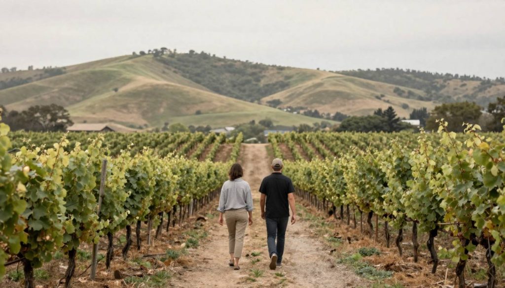 Visitors walking between vineyard rows in Napa Valley with hills in the background, highlighting an outdoor wine country experience.