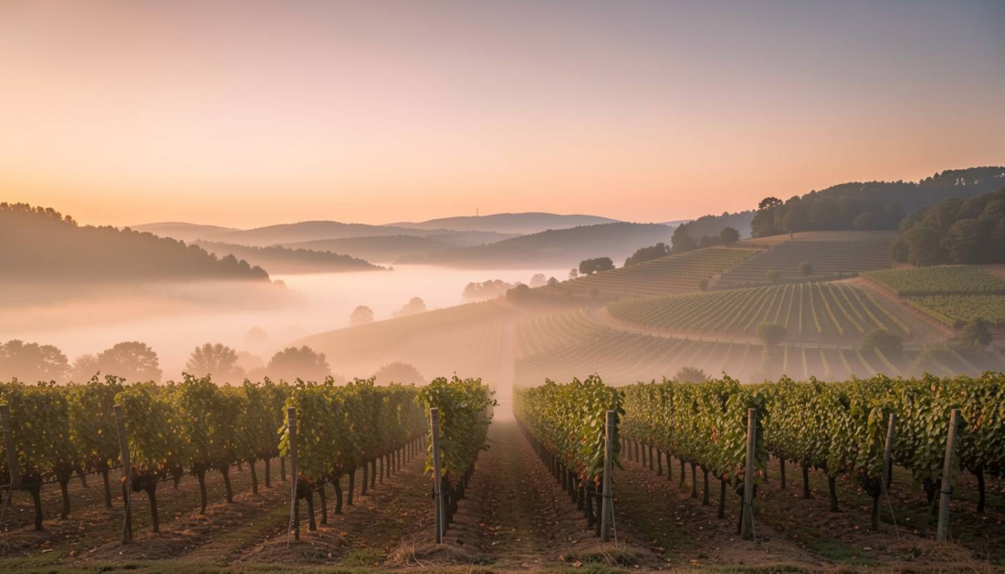 Vineyard rows in the Oakville and Rutherford benchlands of Napa Valley with morning fog lifting from the vines.
