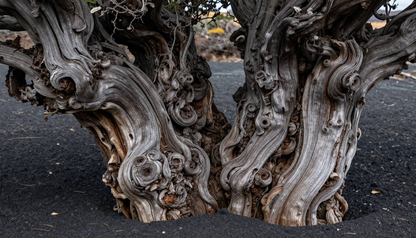 Close up of gnarled old vine Zinfandel trunks near Calistoga in Napa Valley, illustrating long lived vineyards and wine heritage.