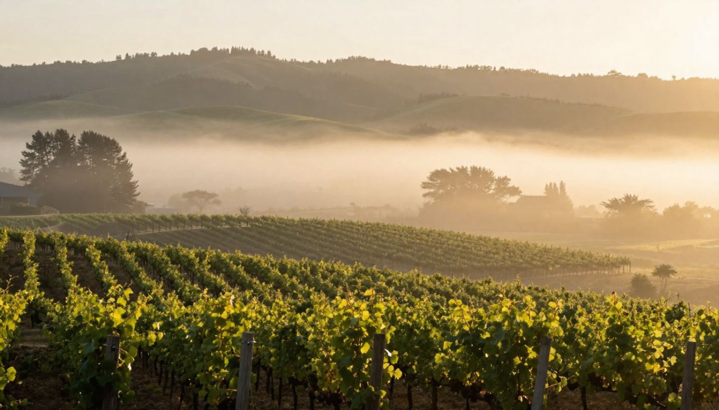 Morning fog lifting over Napa Valley vineyards with soft early sunlight, showing the calm atmosphere at the start of a one-day Napa itinerary.