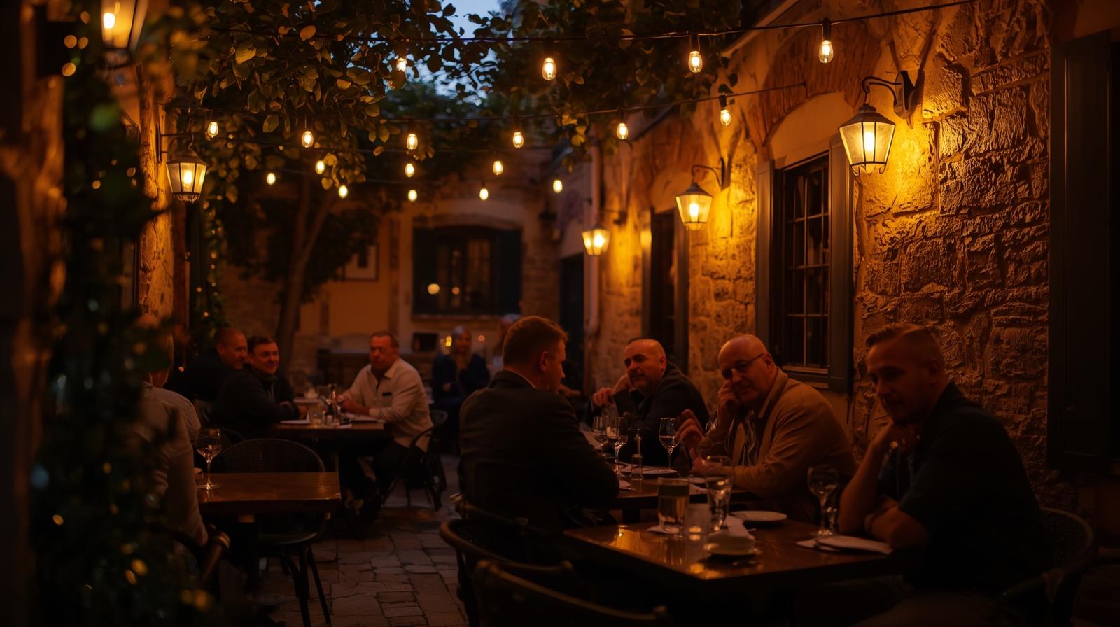 Outdoor Italian restaurant courtyard in Napa Valley at dusk with string lights and diners seated at tables.