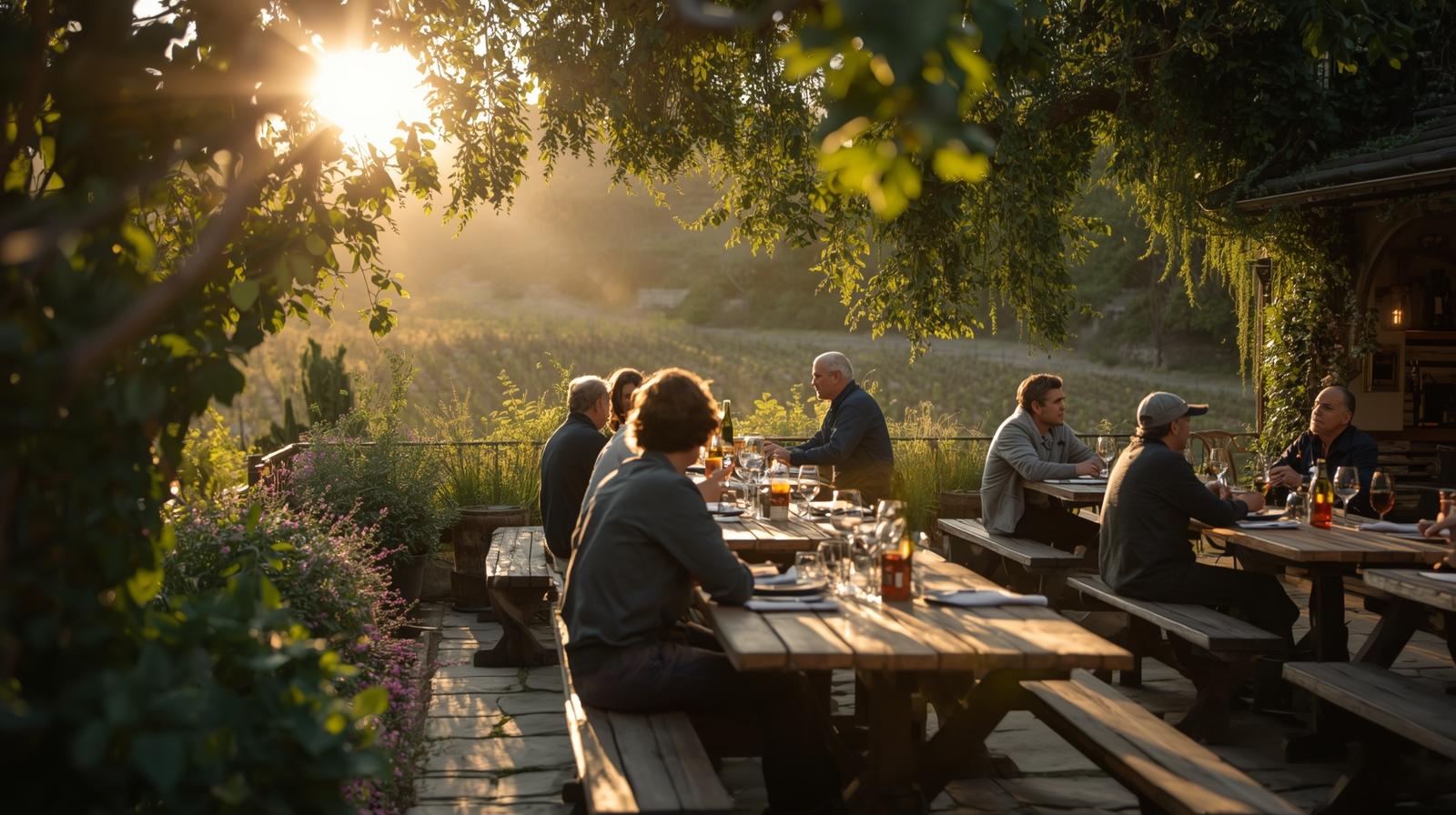  Outdoor vegetarian dining in Napa Valley during early evening with guests seated at tables surrounded by greenery.
