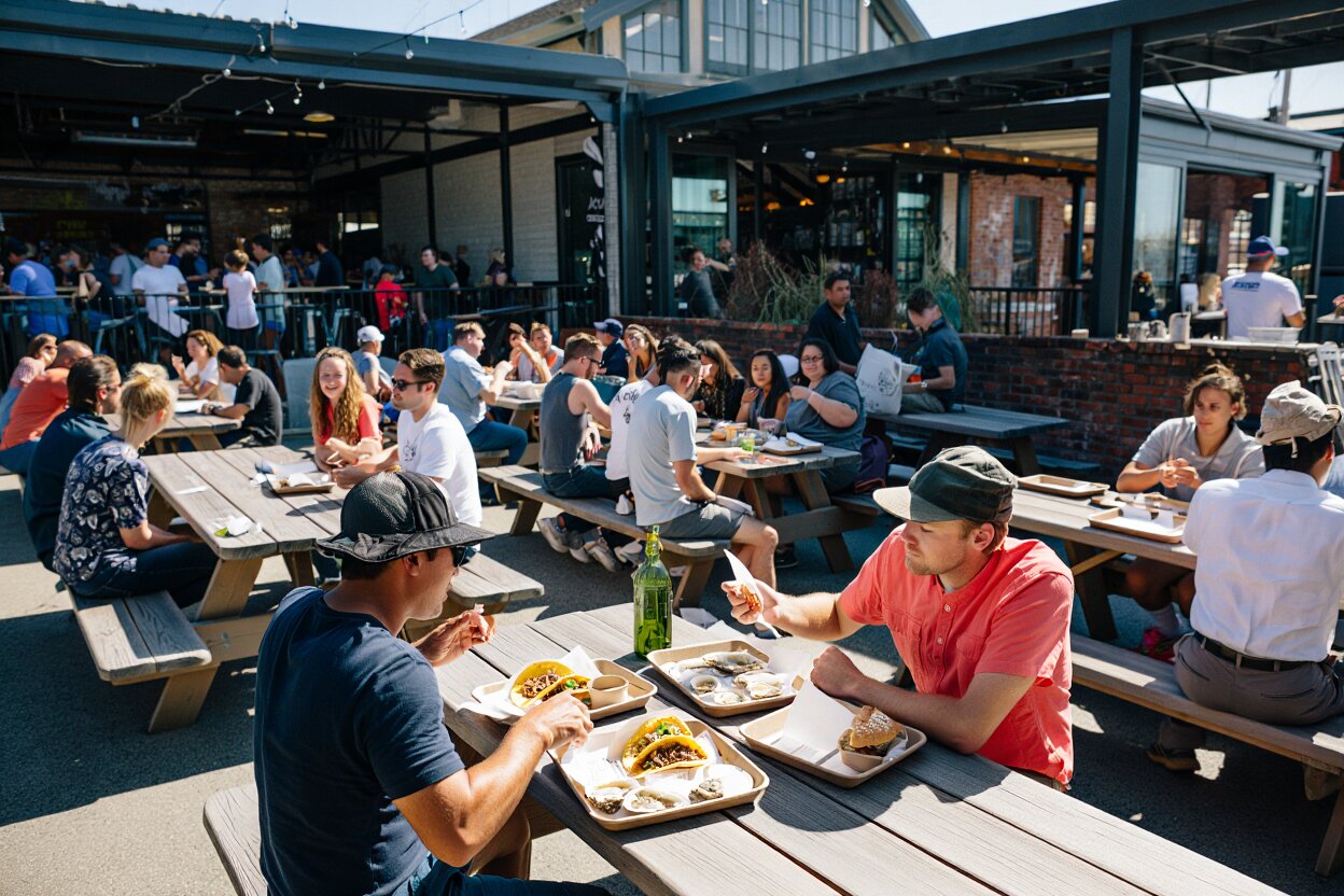 Oxbow Public Market exterior or interior with people casually eating outdoors. Paper trays, shared tables, relaxed body language. Emphasis on variety and accessibility rather than fine dining.
